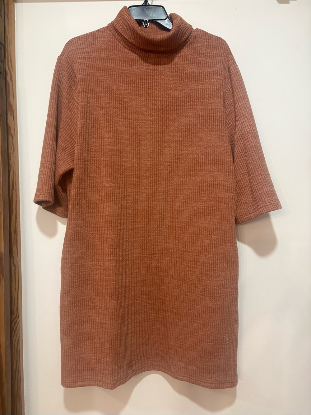 She + Sky Ribbed Turtleneck Short-Sleeve Dress in Rust Orange